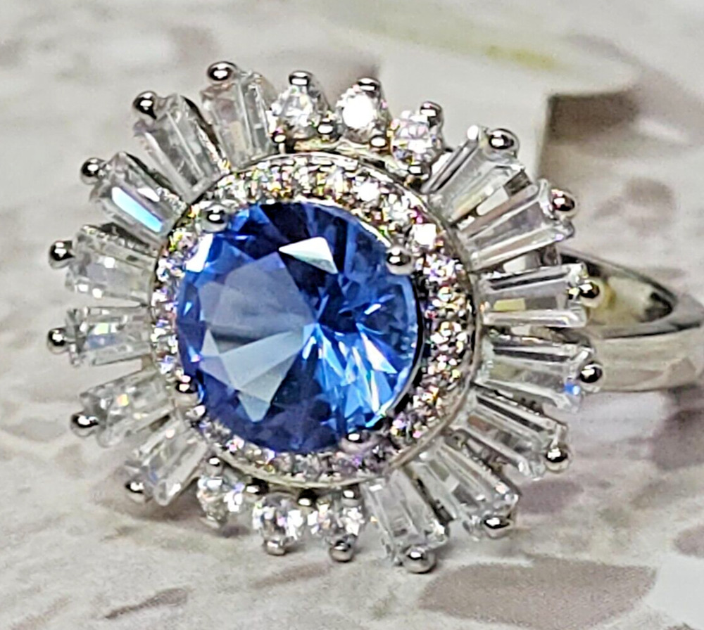 Bomb Party Rhodium Ring - Lab Created Sapphire with Diamond Cubic Zirconia Sz 7